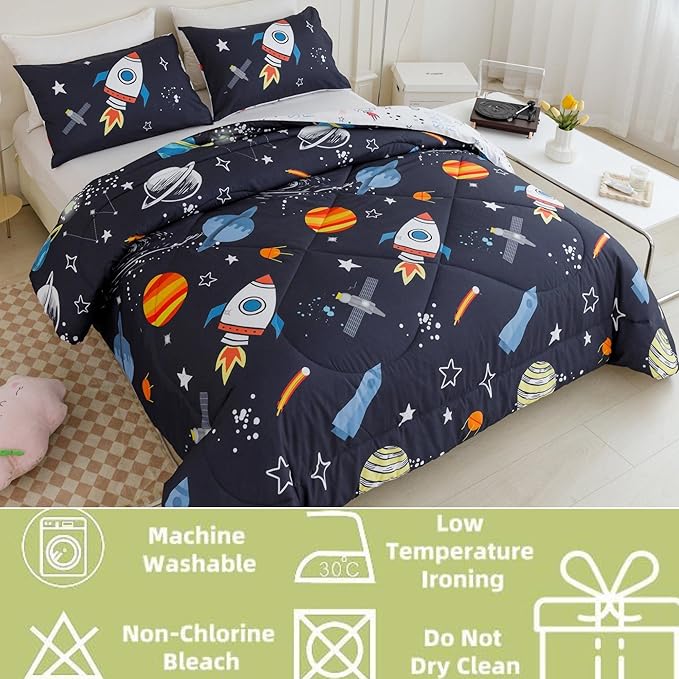 RYNGHIPY Kids Comforter Set Queen Size, Cute Space Rocket Bedding Set for Boys Girls, Teen Boy Bedding (Space Rocket, Queen)