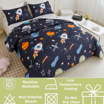 RYNGHIPY Kids Comforter Set Queen Size, Cute Space Rocket Bedding Set for Boys Girls, Teen Boy Bedding (Space Rocket, Queen)