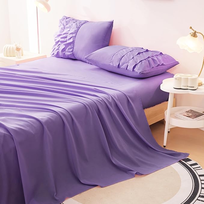 MWMWMW 5 Pcs Purple Comforter Set Twin, Girls Bed in a Bag Twin, Purple Ruffle Bedding Set for Girls Kids, Princess Dress Bedding with 1 Fitted Sheets, 1 Flat Sheet, 1 Comforter, 2 Pillowcases