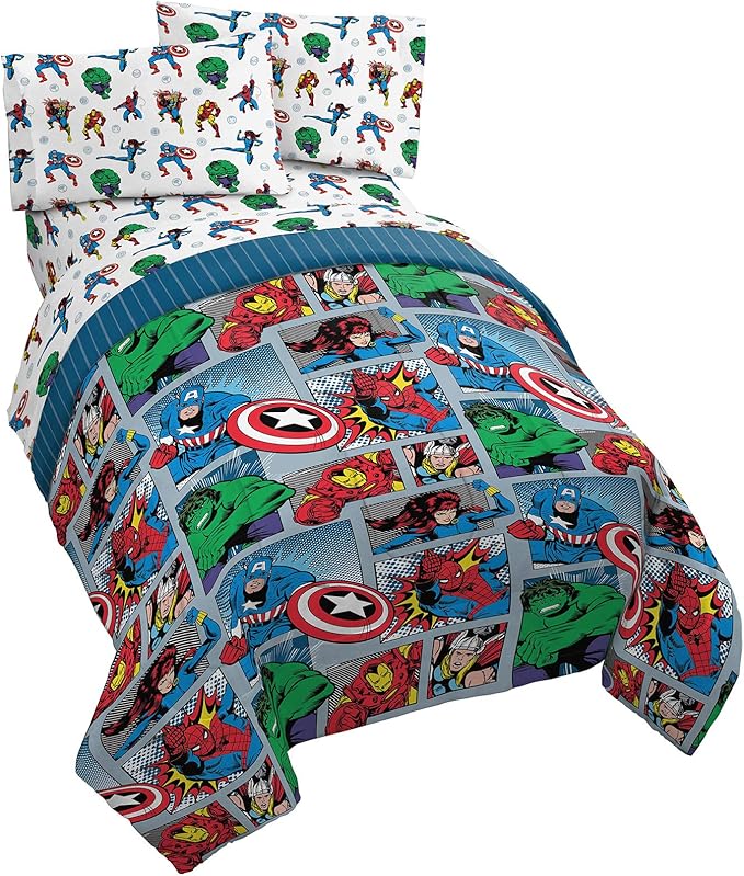 Jay Franco Marvel Avengers Fighting Team 5 Piece Queen Bed Set - Includes Reversible Comforter & Sheet Set Bedding - Super Soft Fade Resistant Microfiber (Official Marvel Product)