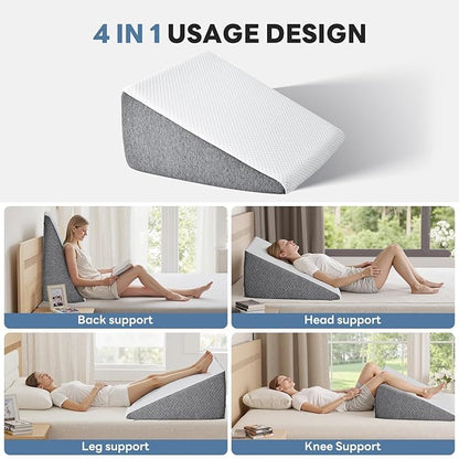 Wedge Pillow for Sleep Apnea, 12" Triangle Pillows Memory Foam Acid Reflux Pillow, Anti Snore Wedges for Sleeping with Washable Breathable Cover, Grey and White