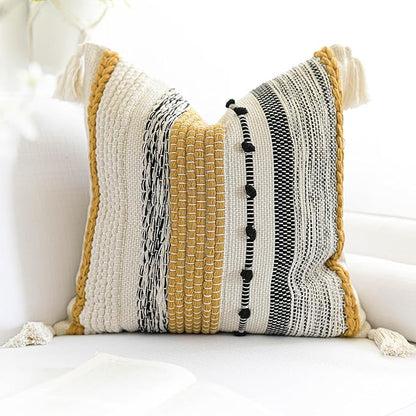 BlissBlush Yellow Mustard Decorative Throw Pillow Cover 18x18 Square Boho Accent Pillowcase Tassels Farmhouse Cushion for Couch Sofa Bedroom Living Room Home Décor Cover ONLY