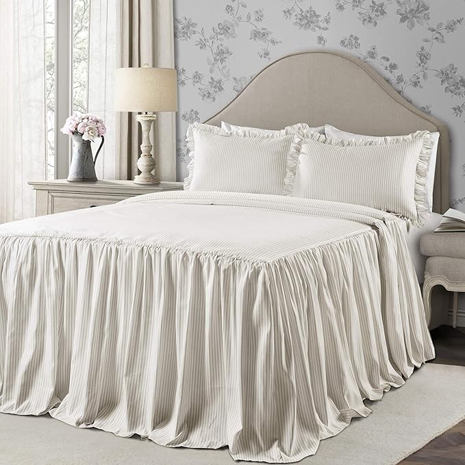 Lush Decor Ticking Stripe Bedspread King Size 3 Piece Set Wheat - Ruffle Bedding Set King Bedspreads - Striped Bedding - Farmhouse & Coquette Decor