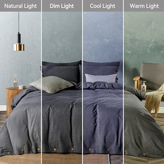 JELLYMONI Cotton Duvet Cover Queen Size - Black Comforter Cover with Button 100% Washed Cotton 3PCS Breathable Soft Solid Bedding Set Duvet Cover 90×90in & 2 Pillowcases (NO Comforter)
