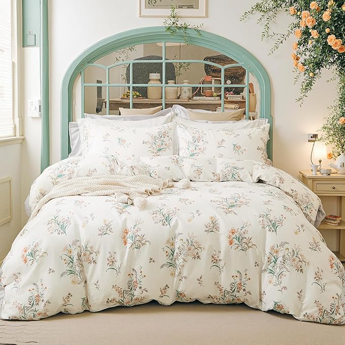 Duvet Cover Set King Size Vintage Style Garden Floral Duvet Cover 100% Cotton 3 Pcs Chic Floral Comforter Cover with Zipper Botanical Coquette Duvet Cover Set Ultra Soft & Breathable