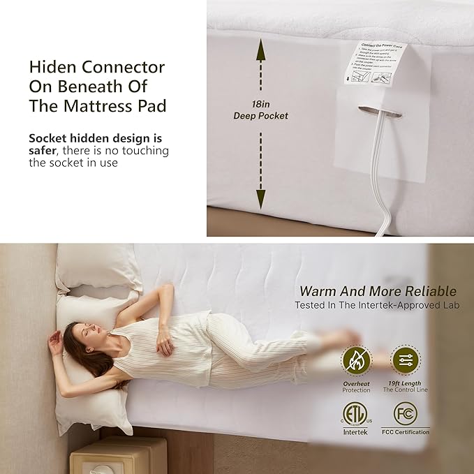 Heated Quilted Wave Mattress Pad,King Size Dual Control,Soft Bed Warmer,10 Heat Settings,1-12 Hours Auto-Off,Fast Heating,ETL Certified,Machine Washable,Fit Up to 18" Deep Pocket,78"x80"