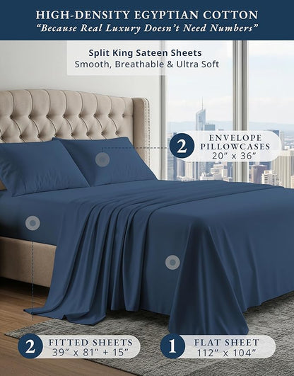 LANE LINEN 100% Egyptian Cotton Split King Sheets for Adjustable Beds, Long Staple Mercerized Bedding Sheets, Luxury Hotel Like Thick 15 inch Deep Pocket Reinforced French Seams - Estate Blue