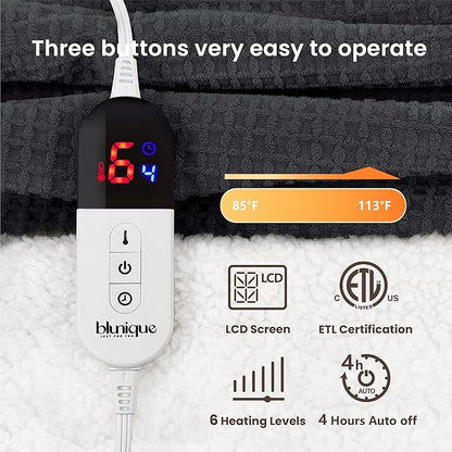 Heated Blanket Electric Throw Waffle, 50x60 Inches Sherpa Fleece Fast Heating Blanket 6 Heating Levels & 4 Hours Auto Off ETL Certification,Charcoal Grey Throw