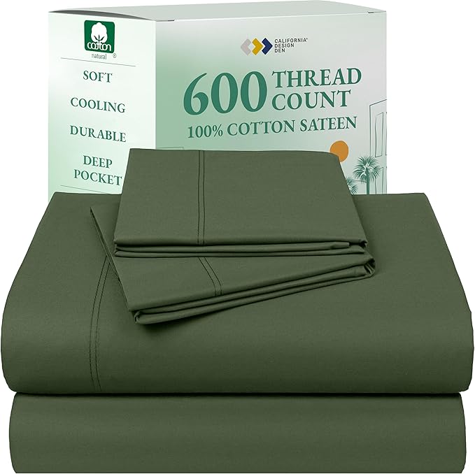 California Design Den Full Size Bed Sheets Cotton Set - Luxury 600 Thread Count 100% Cotton Sateen, Full Size Bed Sheets Cooling Set with Deep Pockets, Hotel Quality Sheets - Dark Olive Green