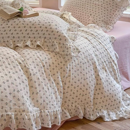 BuLuTu Cotton Muslin Duvet Cover Twin Size, Cottagecore Floral Print Bedding Set 3 Pieces, Soft Breathable Princess Ruffled Comforter Cover for Girls Kids Teens Toddlers, All Seasons