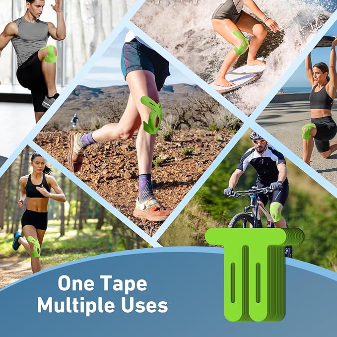 PreCut Kinesiology Tape for Knees, 12 PCS Waterproof KTQUICK Knee Tape for Knee Pain Relief Pre Cut, Original Cotton Athletic Knee Tape, Waterproof & Hypoallergenic Latex-Free for Sports (Green)