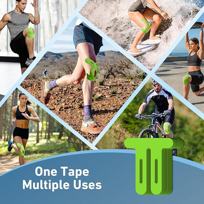PreCut Kinesiology Tape for Knees, 12 PCS Waterproof KTQUICK Knee Tape for Knee Pain Relief Pre Cut, Original Cotton Athletic Knee Tape, Waterproof & Hypoallergenic Latex-Free for Sports (Green)