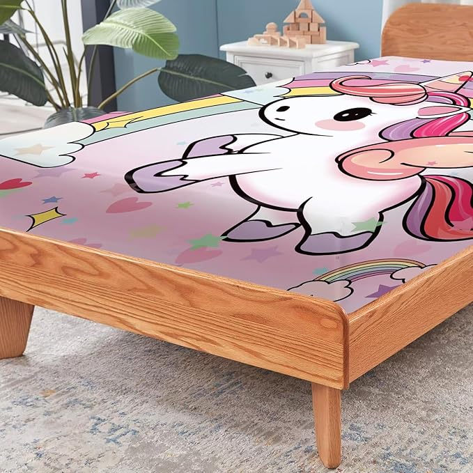 Pink Unicorn Sheet Set: Rainbow Unicorn Bedding Twin Size for Kids Girls Teens Bedroom Bed - 1 Flat Sheet, 1 Fitted Sheet, 1 Pillowcase