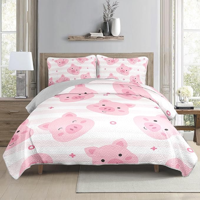 AILONEN Kids Cute Pig Quilt King Size Bedding Set & 2 Pillowcases,Cartoon Pig Bedspresd Coverlet,3Pcs Pink White Stripes Printed Quilt Set,All Season