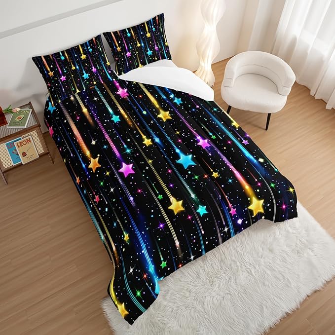 HOSIMA Glitter Star Twin Comforter Set for Kids,Different Colorful Glowing Stars Pattern Galaxy Bedding Set for Teenage Girl Room Decor,Lightweight Fluffy Princess Bedding with 2 Pillowcases.