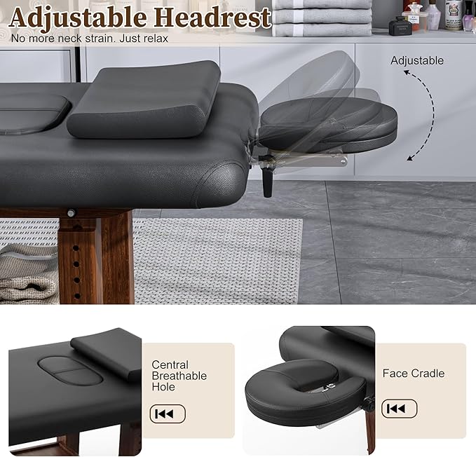 Olela Wood Adjustable Massage Table, Stationary Massage Tables with Adjustable Height Legs & Storage, Esthetician Bed with C-Shaped Pillow & PU Leather for Spa, Massage, Physical Therapy, Treatment