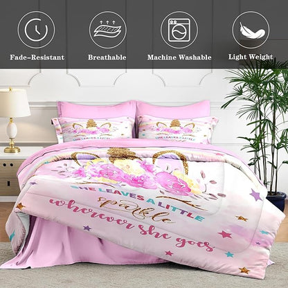 Full Size Comforter Set with 2 Pillowcases & 2 Shams, Cute Golden Unicorn 7 Pcs Bedding for Kids and Teens, Pink Rainbow Star Rose Flower Bed in a Bag with Flat Fitted Sheet