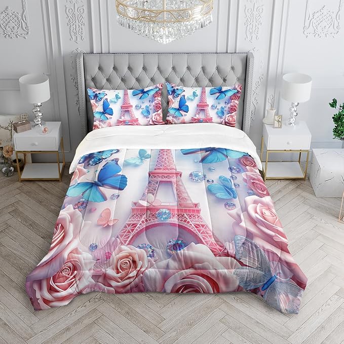 Paris Eiffel Tower Comforter 3Pcs Blue Butterfly Bedding Queen Rose Flower Bedding Set for Kid Teen Girl Boy Adult Bed Decor Colorful Diamonds Quilt with 1 Comforter and 2 Pillowcases