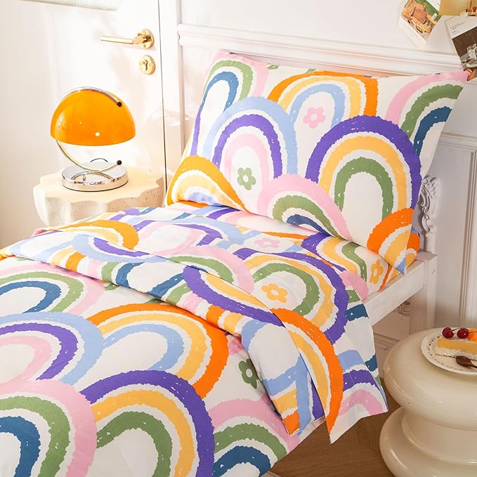 SDIII 4 Piece Rainbow Toddler Bedding Set, Soft Microfiber Toddler Bed Princess Bedding Set with Comforter, Fitted Sheet, Flat Sheet and Pillowcase