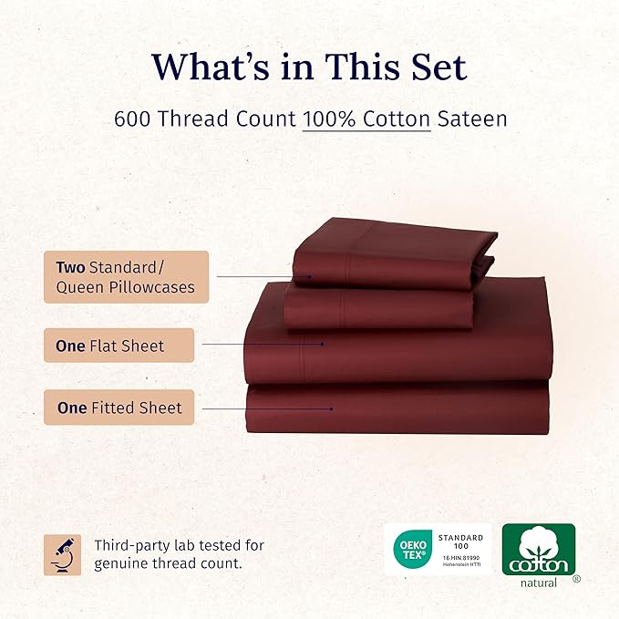 California Design Den Full Size Bed Sheets Set - Luxury 600 Thread Count Sheets, 100% Cotton Sateen, Deep Pocket Bed Sheets Full Size Set, Hotel Quality Sheets - Brick Red