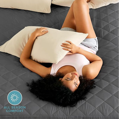 Bare Home Queen Quilted Fitted Mattress Pad - Cooling Mattress Cover - Easily Washable - Elastic Fitted Cover for Mattress - Stretch-to-Fit up to 15 Inches Deep (Queen, Grey)