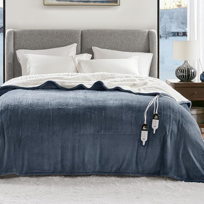 Degrees of Comfort Electric Heated Blanket Queen Size with Dual Control - Soft Flannel Heating Blankets with 6 Heat Settings, 10-Hour Auto Shut-Off, Overheat Protection, ETL Certified - 84x90'', Blue