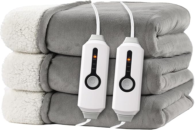 Electric Heated Blanket Queen Size 84"x90" - Dual-Sided with Microplush & Sherpa Fabric, 4 Heat Settings & 10 Hours Auto Off, Machine Washable - Light Gray