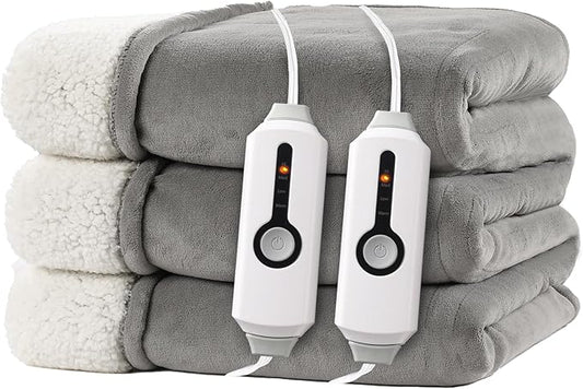 Electric Heated Blanket Queen Size 84"x90" - Dual-Sided with Microplush & Sherpa Fabric, 4 Heat Settings & 10 Hours Auto Off, Machine Washable - Light Gray