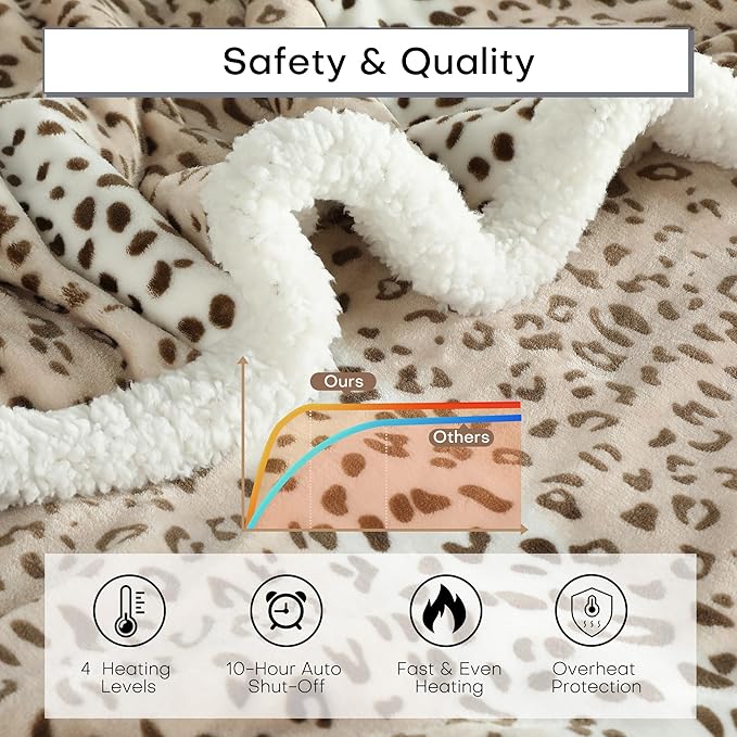 Electric Heated Blanket Throw Size 50"x60" - Dual-Sided with Microplush & Sherpa Fabric, 4 Heat Settings & 3 Hours Auto Off - Beige Leopard Print