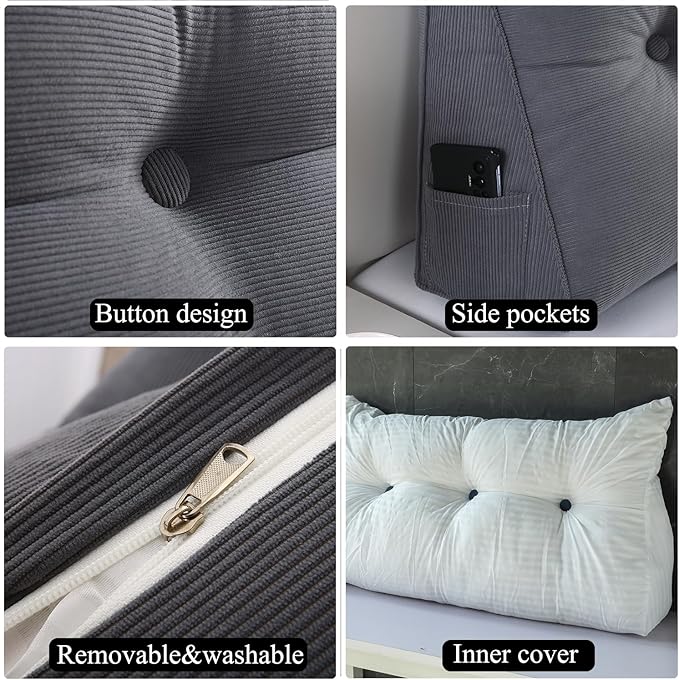 Husband headboard Pillow Large Back Rest Support Reading Pillows for Sitting in Bed for Adults Triangle Velvet Wedge Pillow headboard Full Size, Grey