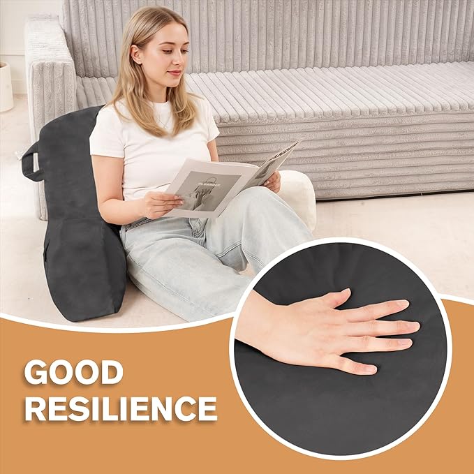 Portable Comfy Reading Pillows for Bed Sitting Up(Light Grey Oeko-Tex), Velvet Back Pillow with Arms & Pockets for Adults, Support Memory Foam Bed Pillow for Dorm/Reading/Watching/Gaming