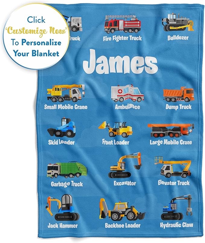 Personalized Truck Blanket - Made in USA and Shipped Next Day - Soft Fleece Construction Excavator Design for Kids & Adults, Toddler Bed & Sofa Throw (50x60, Fleece)
