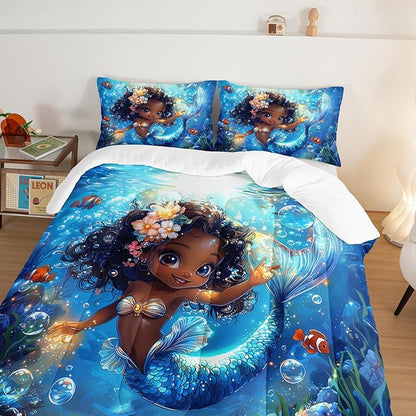 Black Little Mermaid Pattern King Comforter Set,Underwater World Ocean Themed Bedding Sets for Kids Toddlers Girls Boys Room Decor,Princess Bedding with 2 Pillowcases.