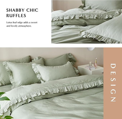 Simple&Opulence Kids 100% Organic Cotton King Duvet Cover Ruffle 3Pcs(1 Comforter Cover 2 Pillowcases) Cute Lace Vintage Boho Shabby Chic Farmhouse Bedding Set Teen Girls(Sage Green, King)