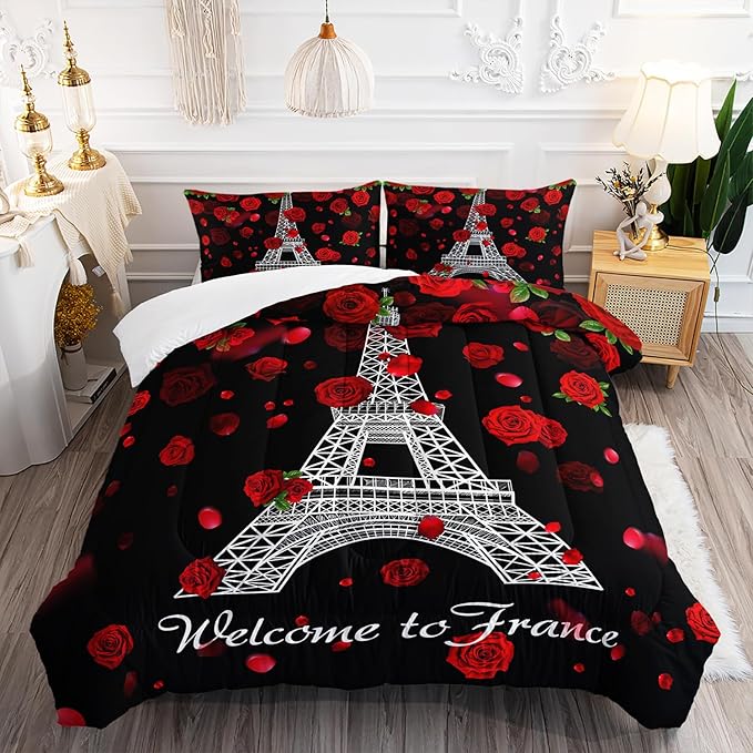 Eiffel Tower Comforter Set Full Size Girls Red Rose Paris Bedding Set Romantic Theme Decor Adult Women Couple Quilted Bed Set with 1 Comforter and 2 Pillowcases