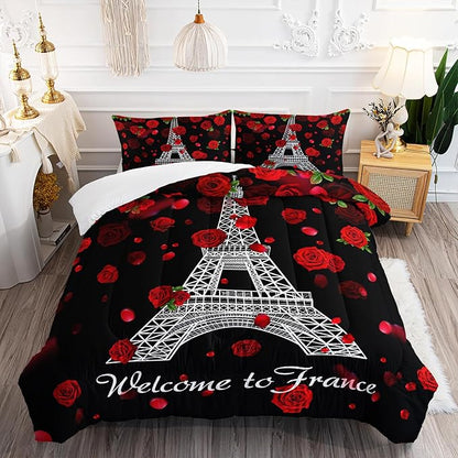 Eiffel Tower Comforter Set Queen Size Girls Red Rose Paris Bedding Set Romantic Theme Decor Adult Women Couple Quilted Bed Set with 1 Comforter and 2 Pillowcases