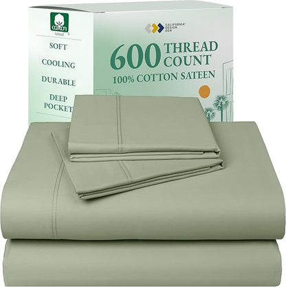 California Design Den Natural 100% Cotton Bed Sheets King Size Set - Luxury 600 Thread Count Sateen, Hotel Quality King Size Sheet Set, Fully Elasticized Deep Pockets, Cool and Durable - Laurel Green