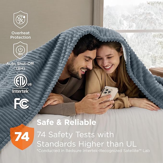 Bedsure GentleSoft Electric Blanket Queen Size - Soft Ribbed Flannel Heated Blanket with Dual Control, Heating with 10 Heat Settings & 10 Time Settings, 8 hrs Timer Auto Shut Off (84x90 inches, Grey)