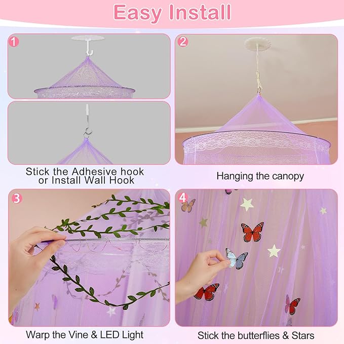 FIOBEE Bed Canopy for Girls Room Bed Canopy Curtains with Led Lights Mosquito Net DIY Princess Room Décor with Stars Butterflies for Kids Bedroom, Purple