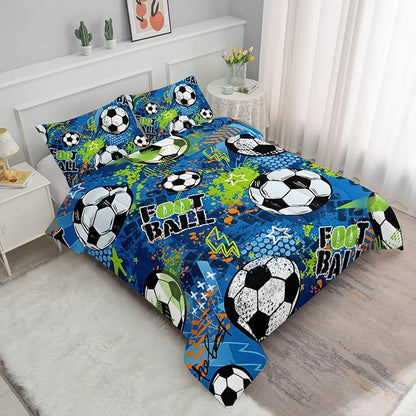 Soccer Comforter Set Sport Themed Blue Printed Bedding Set with 1 Comforter and 2 Pillowcases for Boys and Girls Bedroom All Season(Soccer-2 Full)