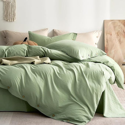 JELLYMONI 100% Washed Cotton Duvet Cover Twin – Soft, Breathable Linen-Look Bedding with Natural Wrinkle Texture, Button Closure, 3-Piece Set (Mint Green, 68"x90")