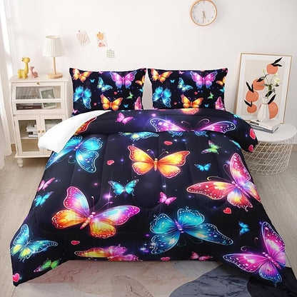Colorful Gradient Butterfly Comforter 3Pcs Twin Tie-Dye Heart Pattern Bedding Set for Kid Teen Girl Boy Adult Sparkling Aesthetics Butterfly Quilt Bed Decor with 1 Comforter and 2 Pillowcases
