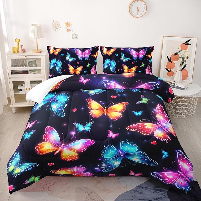 Colorful Gradient Butterfly Comforter 3Pcs Queen Tie-Dye Heart Pattern Bedding Set for Kid Teen Girl Boy Adult Sparkling Aesthetics Butterfly Quilt Bed Decor with 1 Comforter and 2 Pillowcases