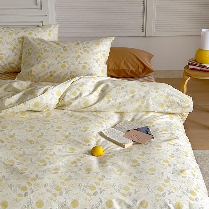 AOJIM Pure Cotton Duvet Cover Set with Cute Pattern Design, Soft Comfy Yellow Lemon Comforter Cover Set 3pcs, 1 Reversible Quilt Cover Full Size and 2 Matching Pillowcases for Room Decor, No Comforter