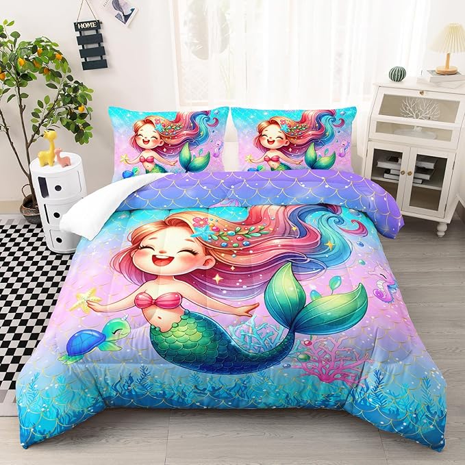 Mermaid Comforter Set for Girls Women, Mermaid Bedroom Decor for Girls Queen Size, Fish Scales Bedding Set with 1 Comforter and 2 Pillowcases