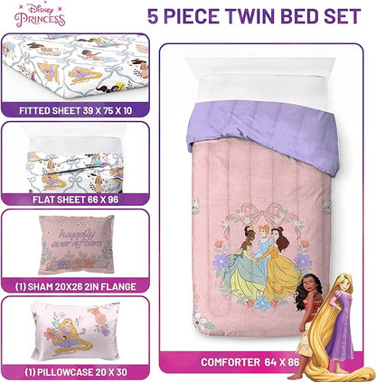 Jay Franco Kids Comforter Set Includes Sheets and Pillow Covers - Soft and Cozy Bed Set for Stylish Room Decor, Pink – Disney Princess, 5 Piece Twin