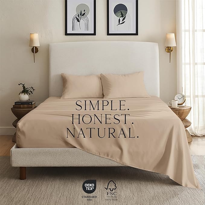 KARISSA MAE Cooling Bamboo Viscose Queen Sheet Set | 100% Organically Grown | 18” Deep Pocket | Silky, Soft, & Hypoallergenic | with Organizer Band & Elastic Corner Straps [Dune]