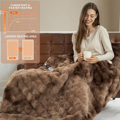 Faux Fur Full Size Heated Blanket 72"X84" - Bubble Faux Fur Electric Blanket Fluffy Soft Fuzzy with 6 Fast Heating Levels & 10 hrs Timer Settings, Washable & ETL Certified for Bed, Tie-Dye Brown