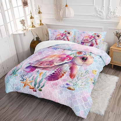 Axolotl Turtle Bedding Set King for Kids Boys,Colorful Underwater World Comforter Set for Girls Teens,Ocean Sealife Comforter with Jellyfish,Colorful Fish Scales Print Bedding,1 Quilt 2 Pillowcases