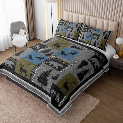 QOOMO Farmhouse Quilt Set Twin Size,Farmhouse Bedspread Coverlet Set,Farm Animals 3Pcs Bedding Set Printed Quilt with 2 Pillowcases,Soft and Lightweight,for All Seasons